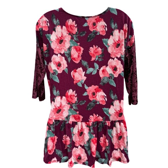 Dazzle Up Velvet Floral Pullover Top 3X Burgundy Pink Hi-Lo Flowy Gypsy Boho - Picture 2 of 12